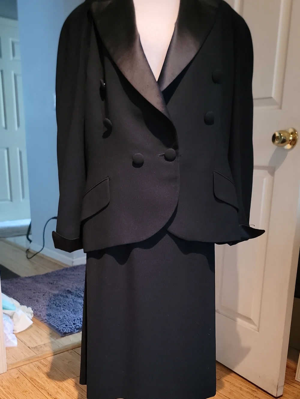 Christian Diori Black Satin Lapel Double-Breasted Vintage Skirt Suit 1989-1990